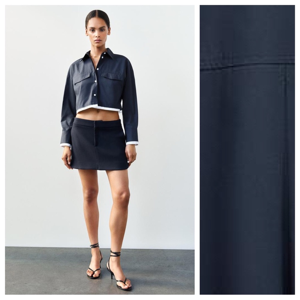 NWT. Zara Navy Blue Poplin Cropped Shirt. Size XS.